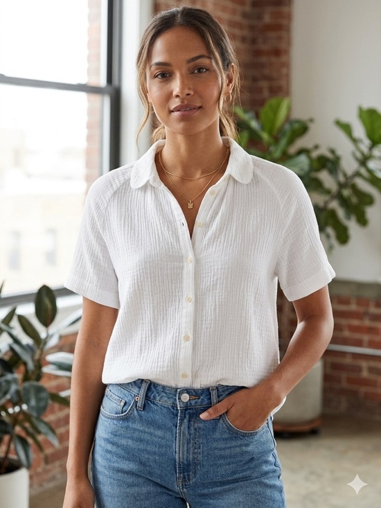 Madewell Tops - Madewell | White Cotton Short-Sleeve Button-Down Gauze Shirt | Sz M